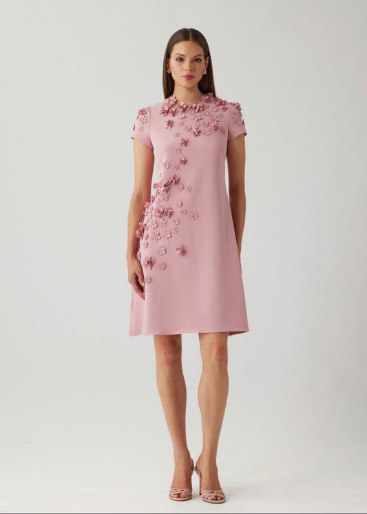 Crepe 3D Flower Cap Sleeve A-Line Dress