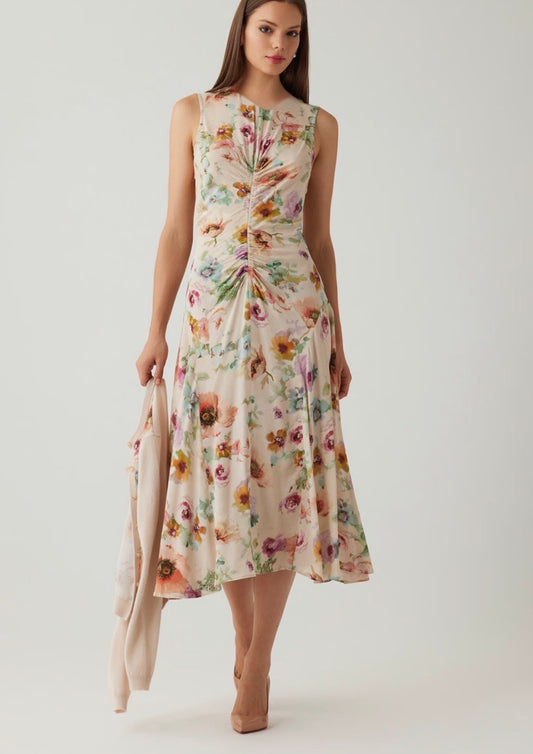 Chiffon Print Sleeveless Ruched Front Dress