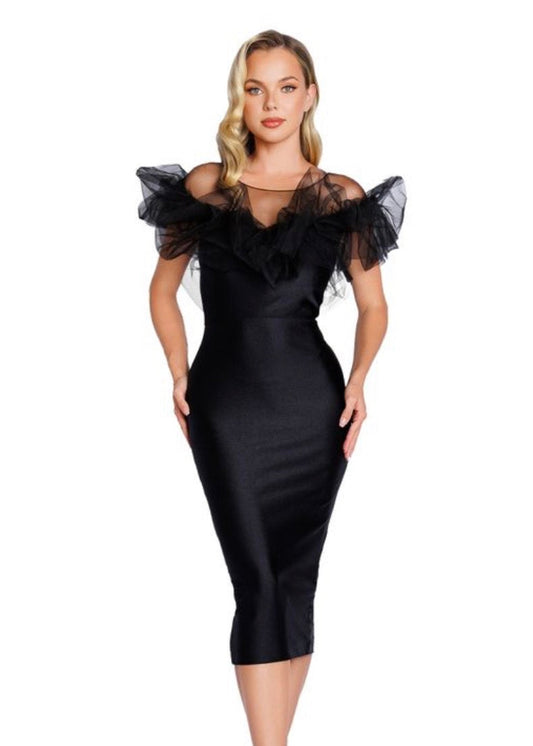 Black Tulle Ruffle Sleeve Midi Dress