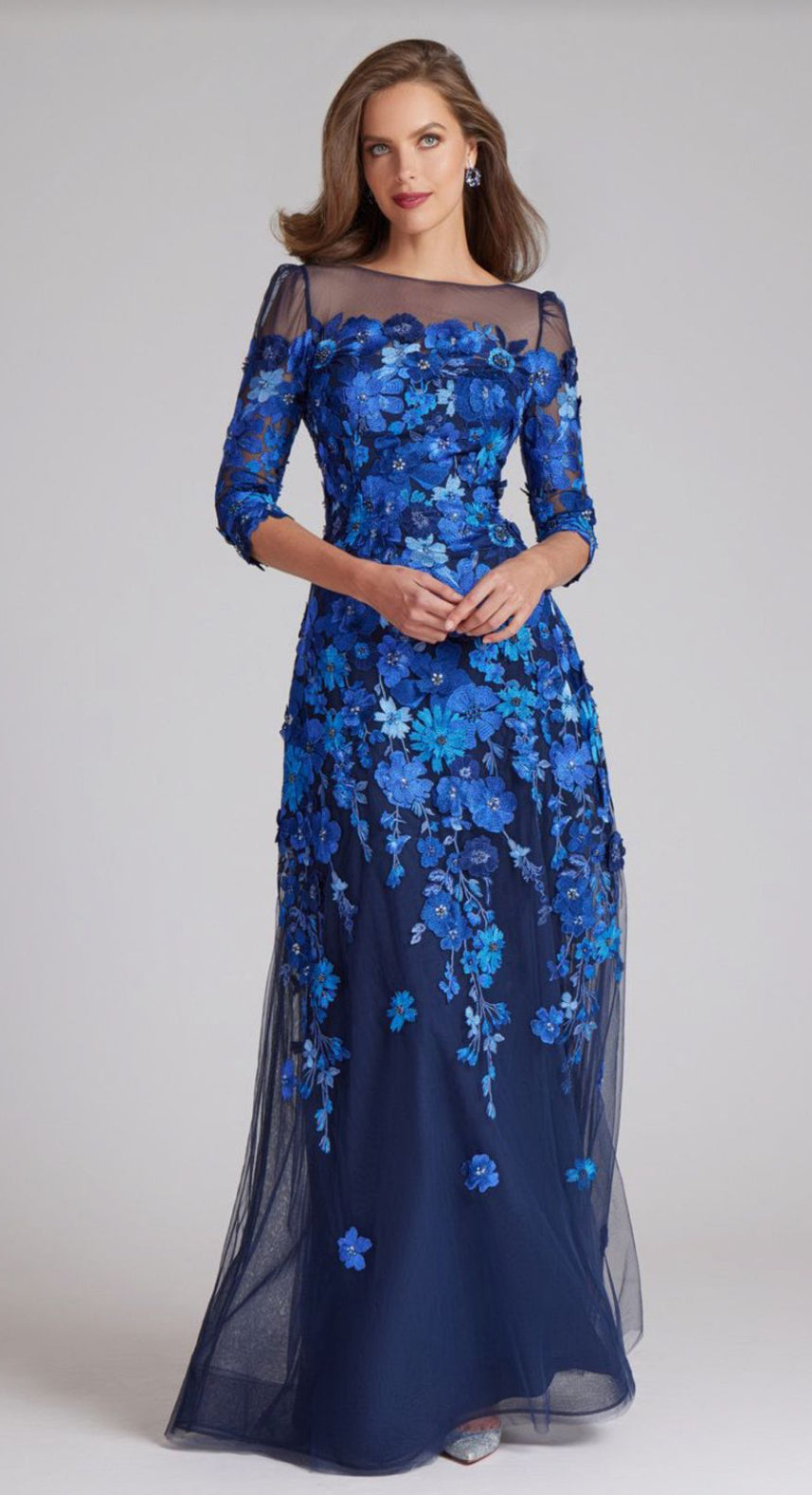 TULLE YOKE 3D FLORAL APPLIQUE TULLE 3/4 SLV