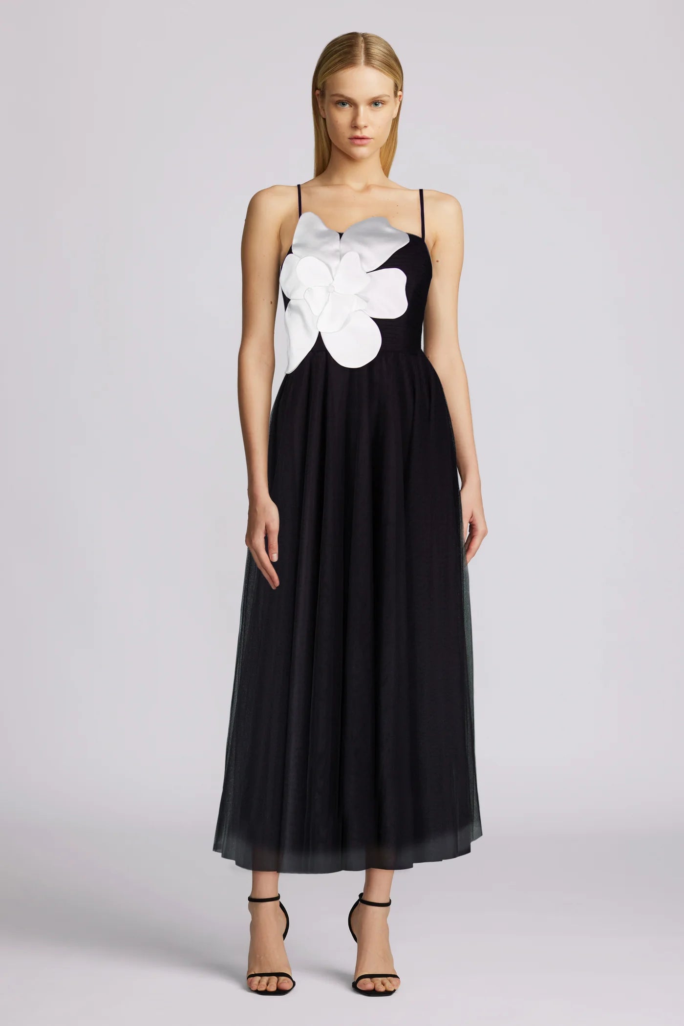 Floral Motif Tulle Midi Dress