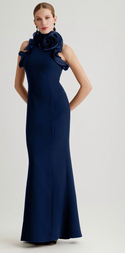 Stretch Crepe Ruffled Halter Gown