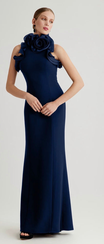 Stretch Crepe Ruffled Halter Gown