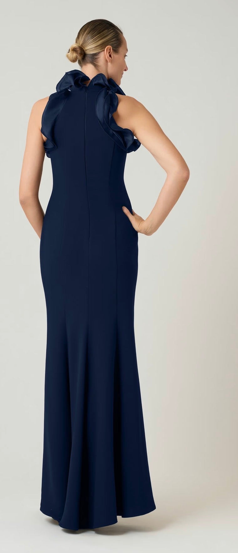 Stretch Crepe Ruffled Halter Gown