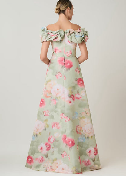 Taffeta Digital Print Scrunch Bodice Gown