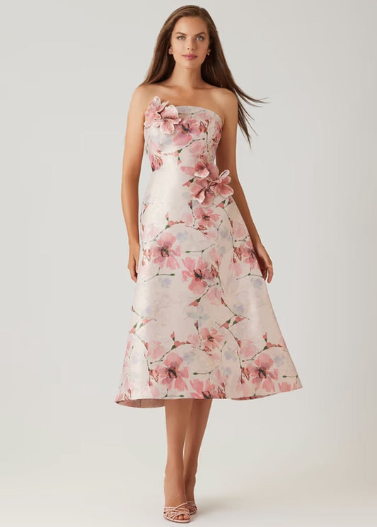 Gazar Strapless 3D Flower Print & Flare Dress