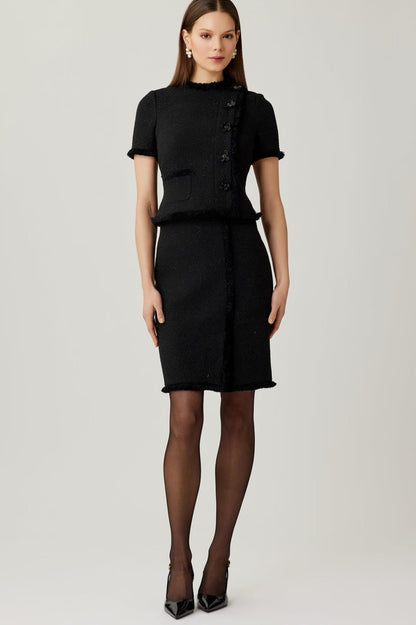 Tweed Fringe Trim Short Sleeve Dress