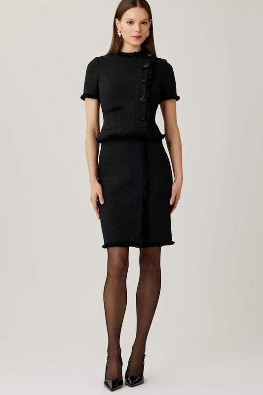 Tweed Fringe Trim Short Sleeve Dress