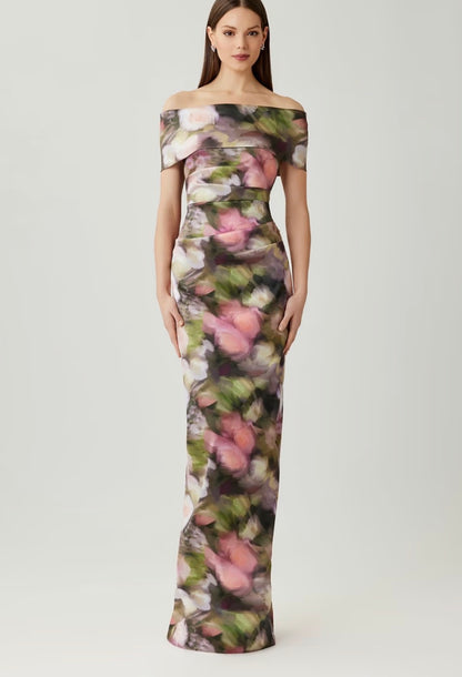 Mikado Off The Shoulder Ruched Printed Gown