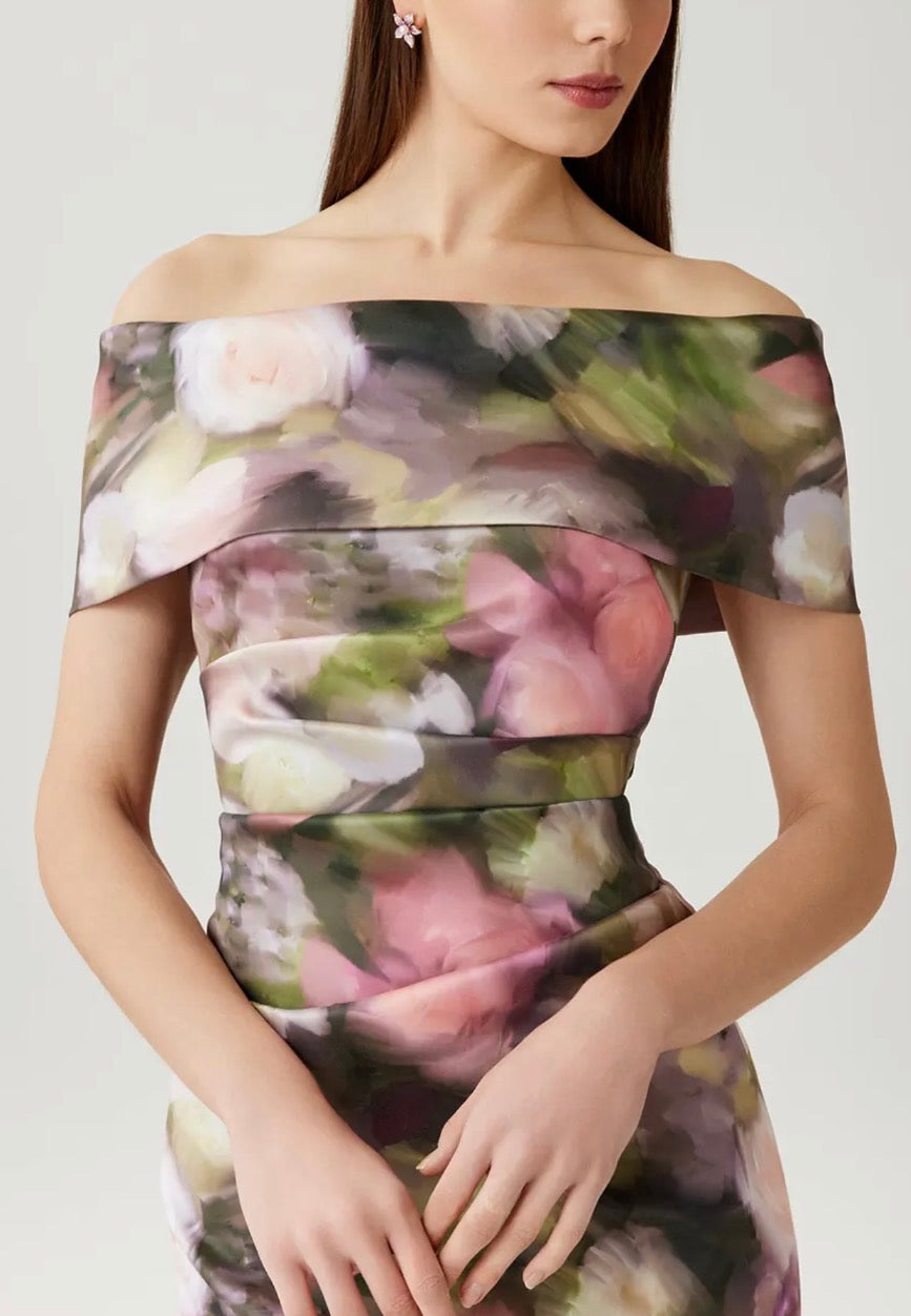 Mikado Off The Shoulder Ruched Printed Gown