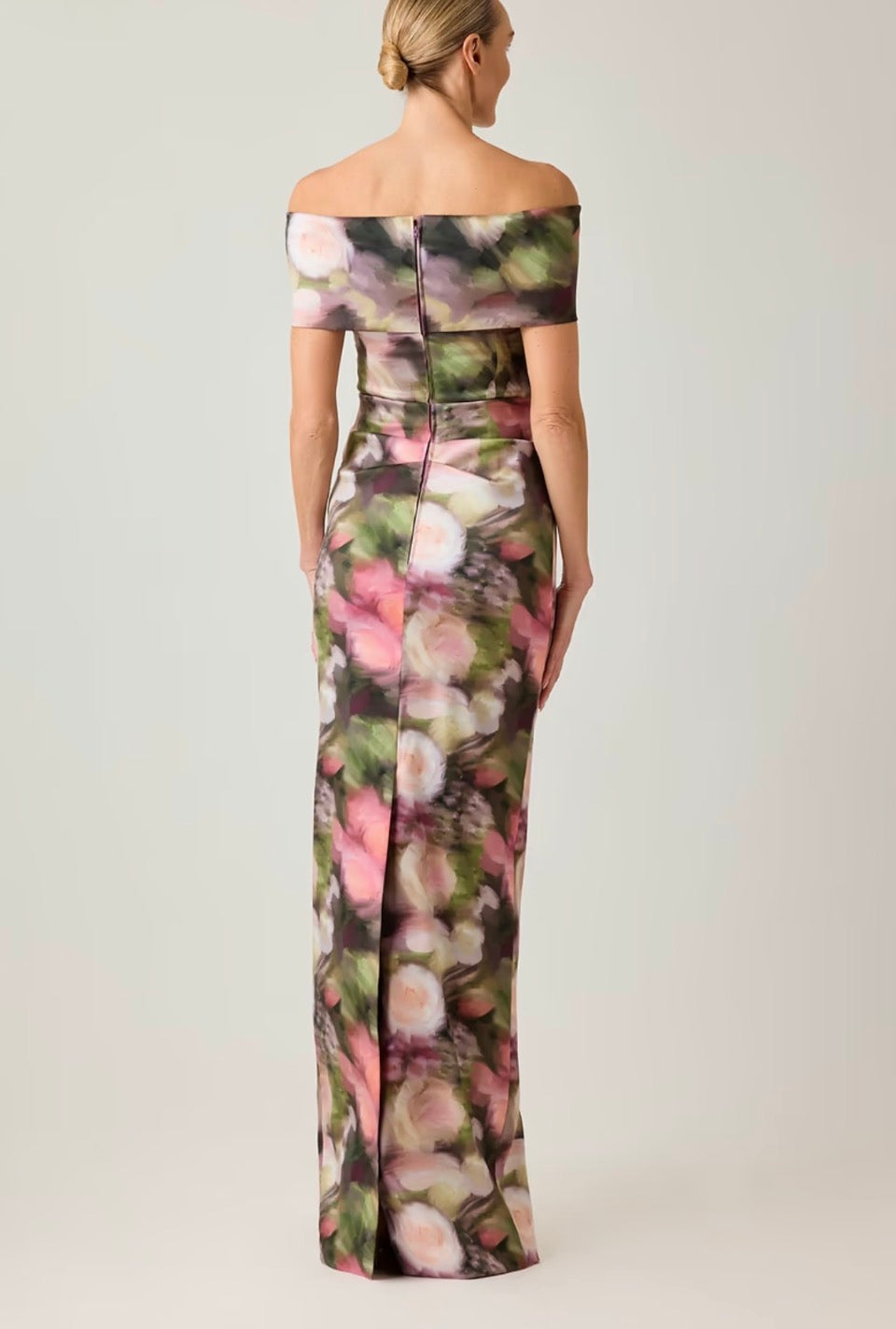 Mikado Off The Shoulder Ruched Printed Gown