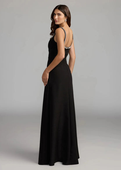 Crepe Sleeveless Gown With Rhinestone Trim