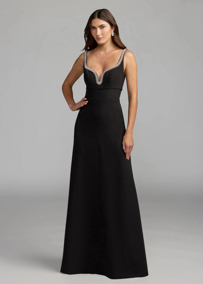 Crepe Sleeveless Gown With Rhinestone Trim