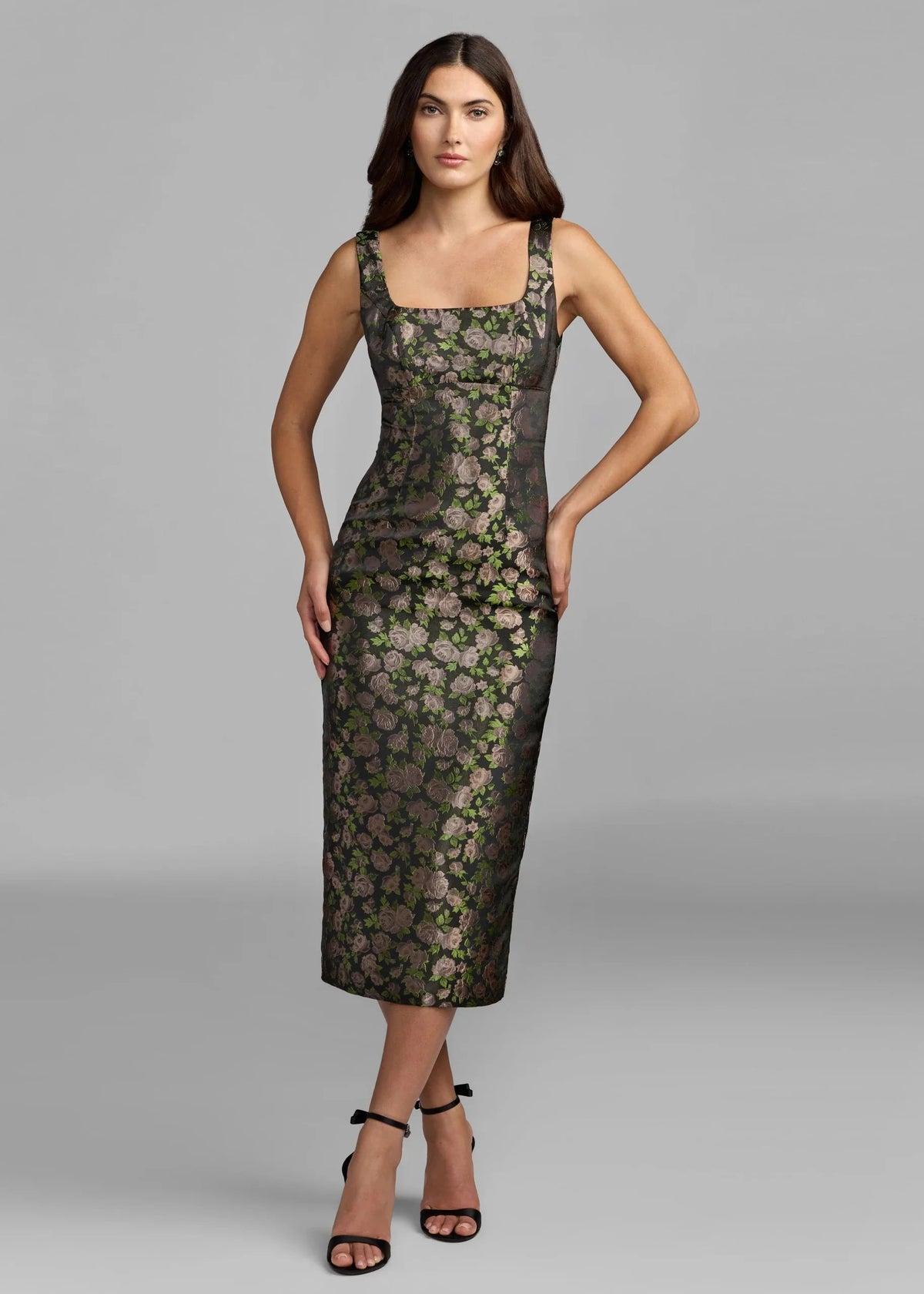 Sleeveless Square Neck Fitted Brocade Midi Dress