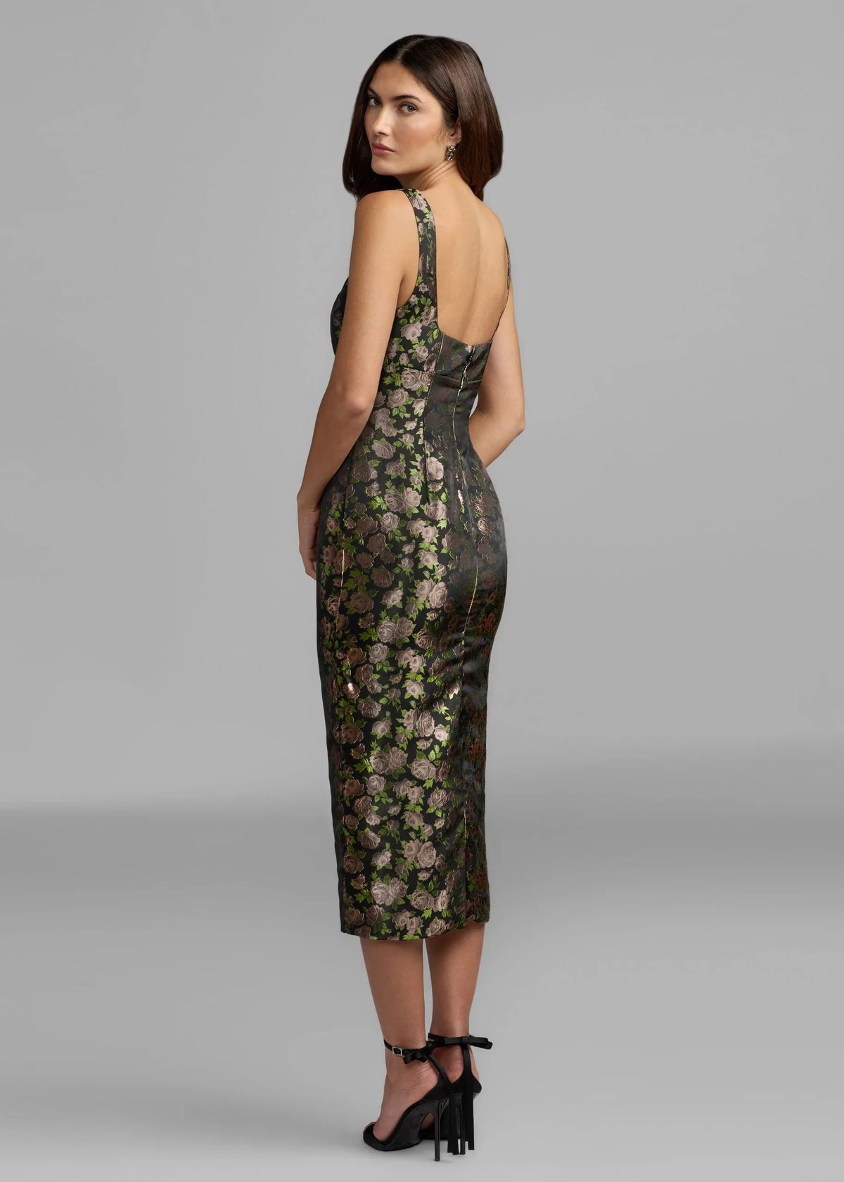 Sleeveless Square Neck Fitted Brocade Midi Dress
