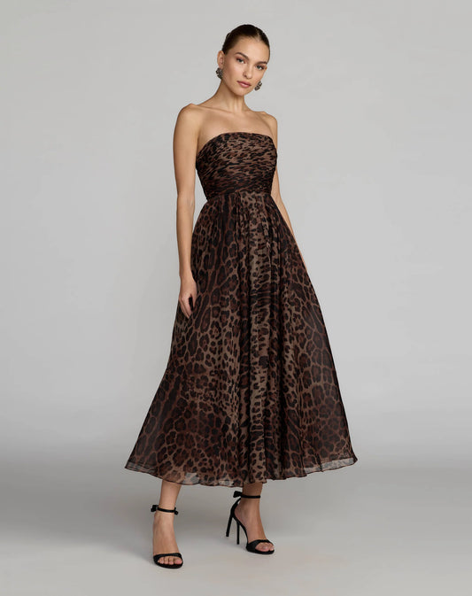 Leopard Strapless A-Line Chiffon Midi Dress