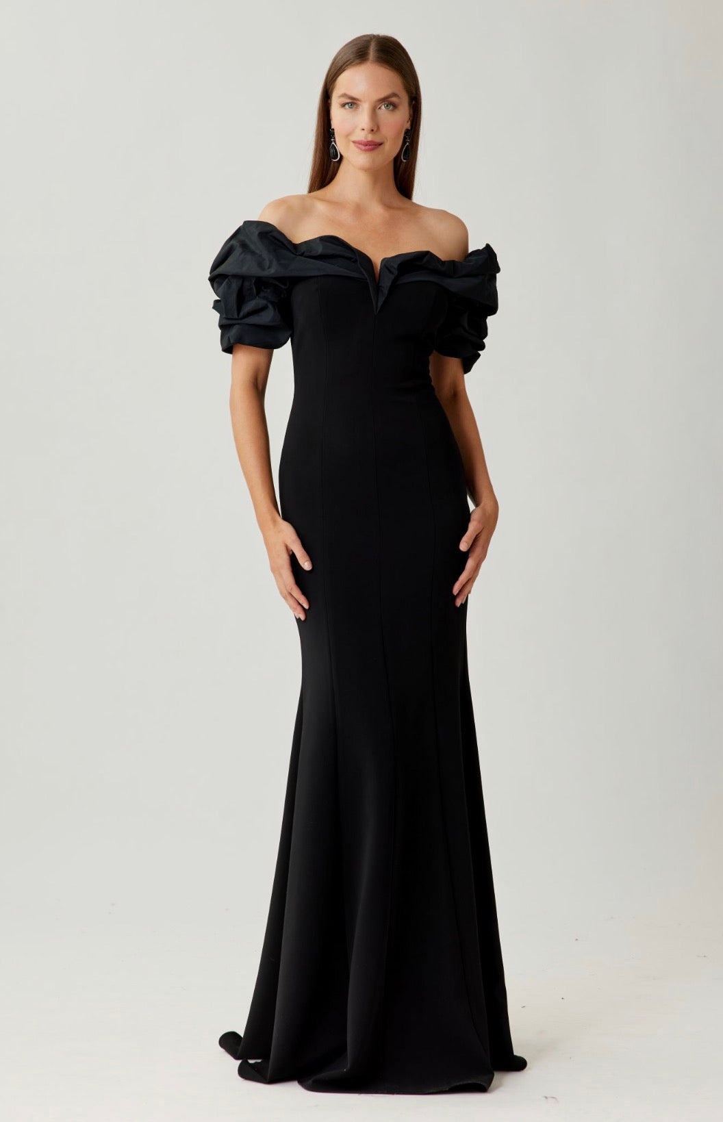Crepe Taffeta Crunch Bodice Off Shoulder Gown