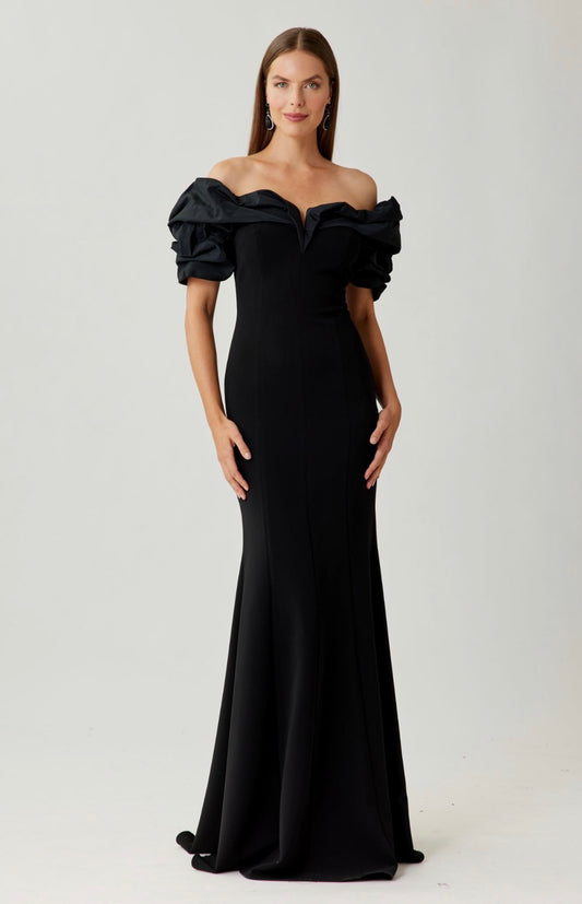 Crepe Taffeta Crunch Bodice Off Shoulder Gown