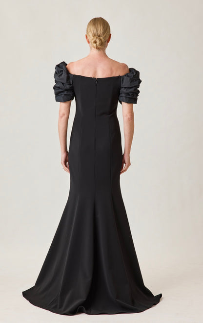Crepe Taffeta Crunch Bodice Off Shoulder Gown