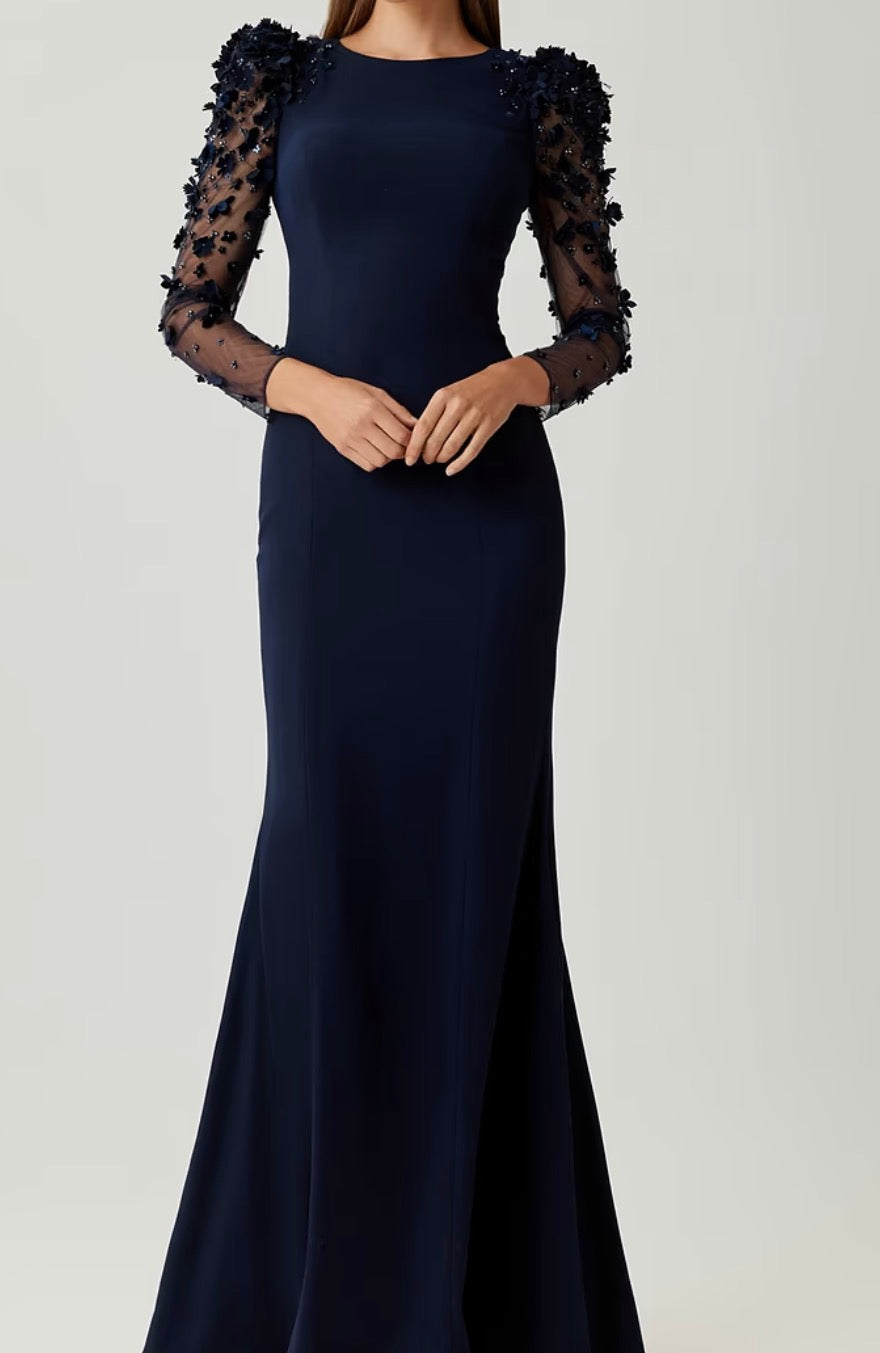 Floral Appliqué Crepe Illusion Sleeve Gown