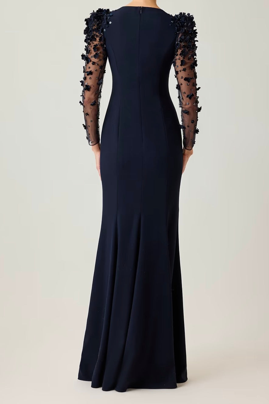 Floral Appliqué Crepe Illusion Sleeve Gown