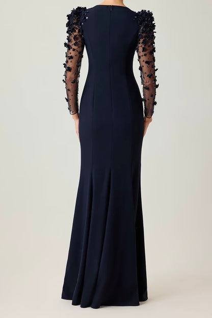 Floral Appliqué Crepe Illusion Sleeve Gown