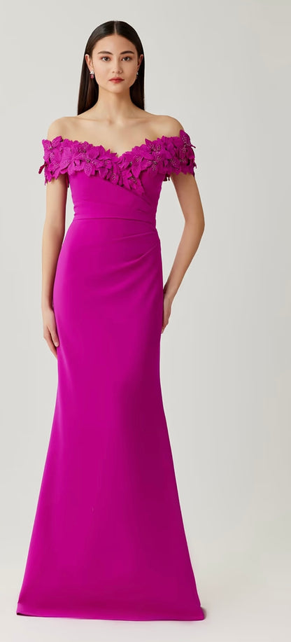 Crepe Flower Applique Off Shoulder Gown