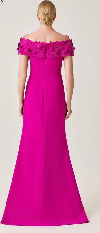 Crepe Flower Applique Off Shoulder Gown