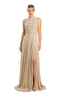 Sleeveless High Neck Woven Slit Gown