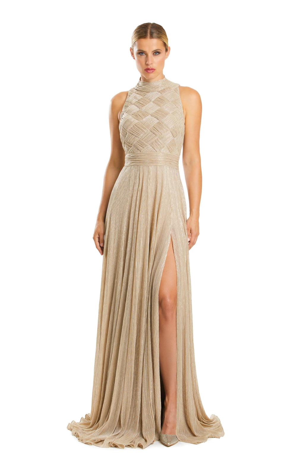 Sleeveless High Neck Woven Slit Gown