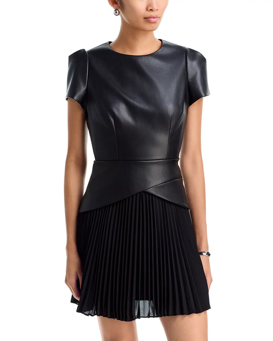 Haddy Leather Pleated Combo Mini Dress