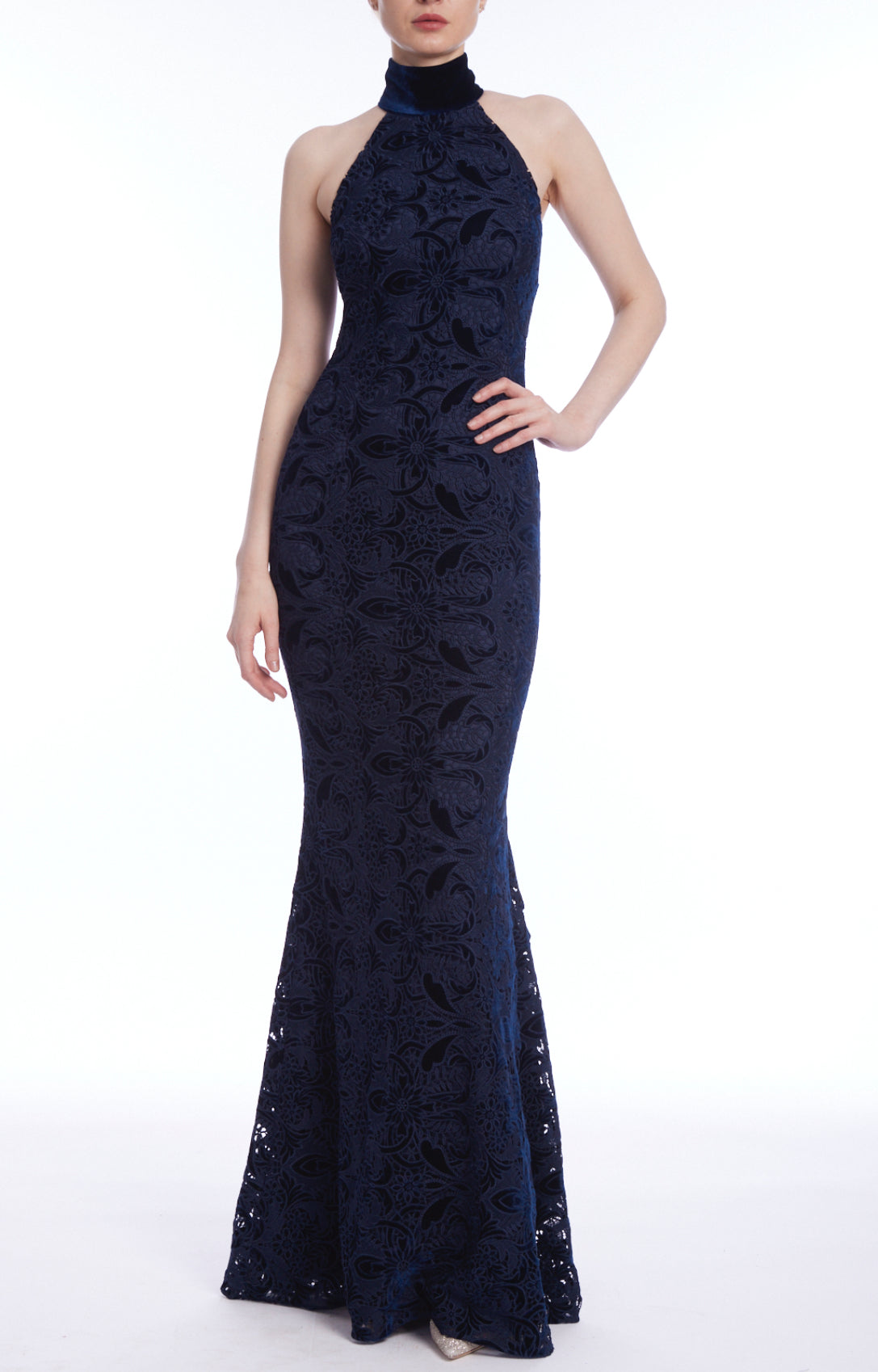 Velvet Lace Mock Neck Evening Gown