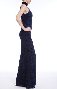 Velvet Lace Mock Neck Evening Gown