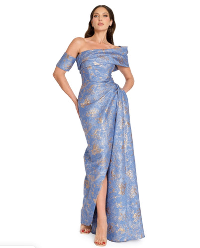 Asymmetrical Shoulder Overlay Metallic Jacquard Gown