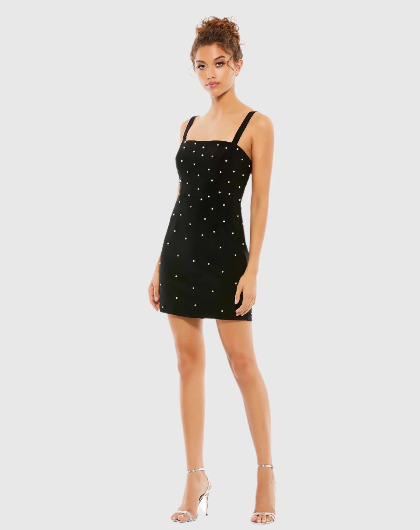 Sleeveless Rhinestone Encrusted Square Neck Mini Dress