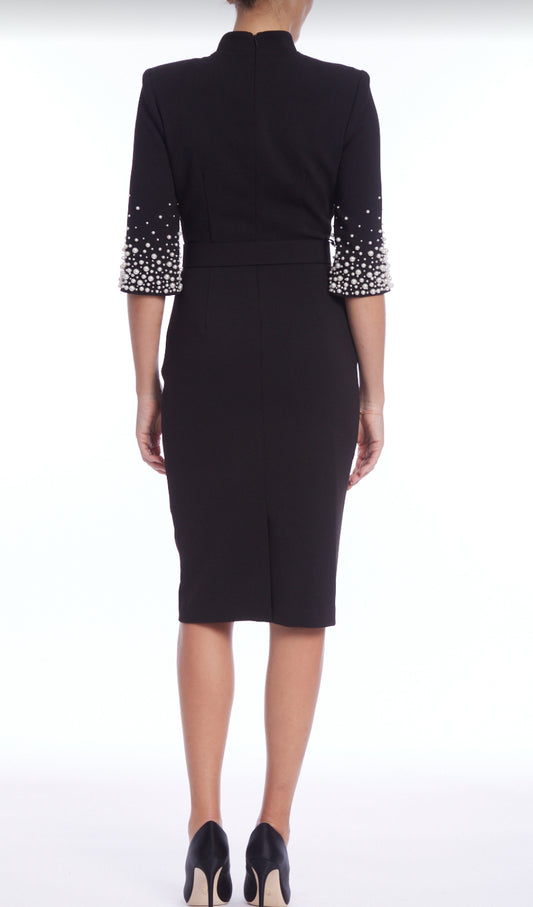 Black Cocktail Dress with Pearl Detailed Sleeve