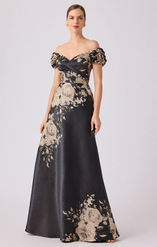 Metallic Jacquard Puff Shoulder Floral Gown