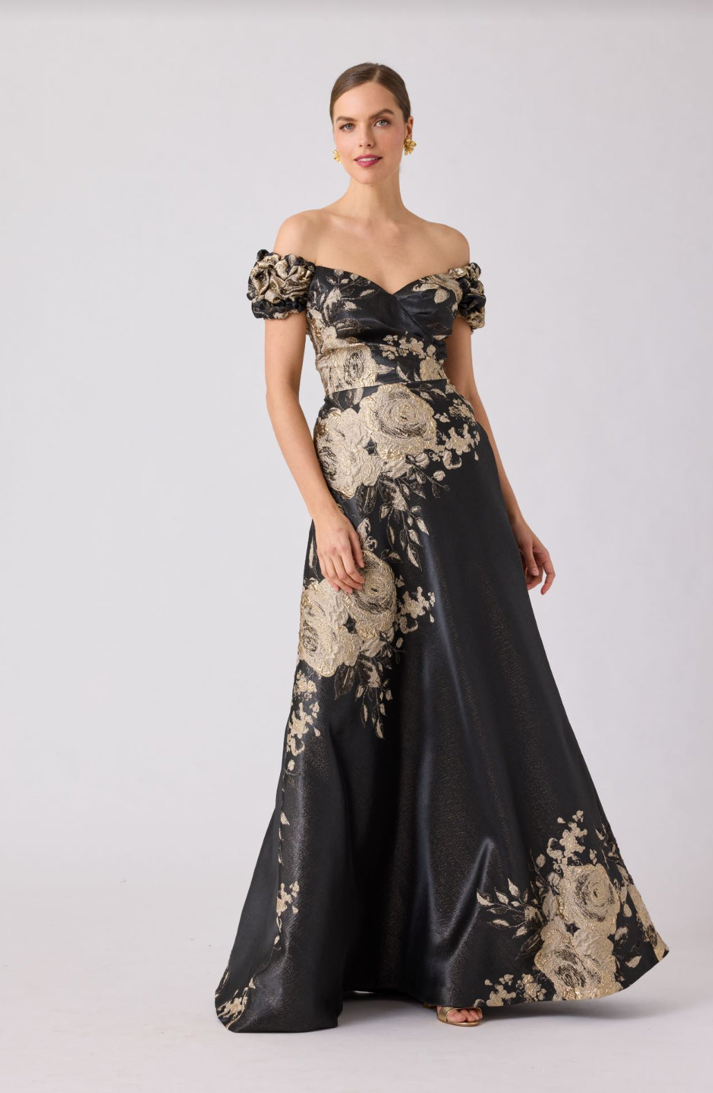 Metallic Jacquard Puff Shoulder Floral Gown