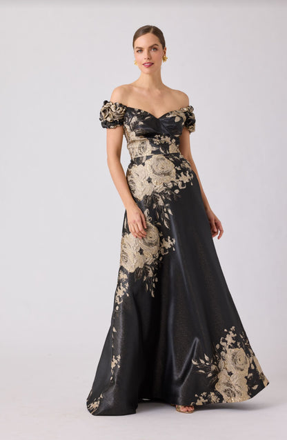 Metallic Jacquard Puff Shoulder Floral Gown