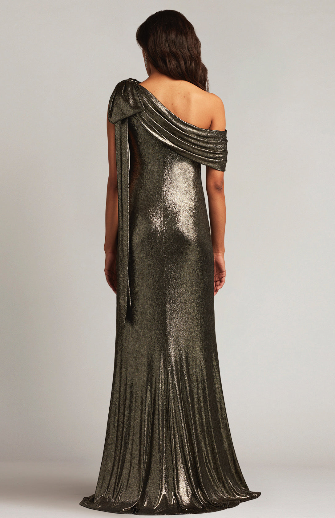 Valia Bow-Shoulder Lamé Gown