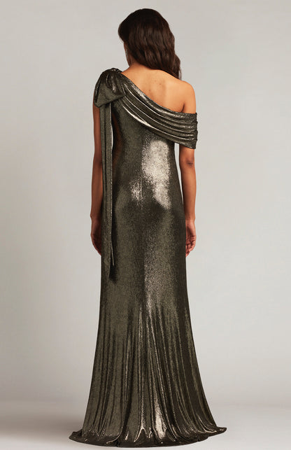 Valia Bow-Shoulder Lamé Gown