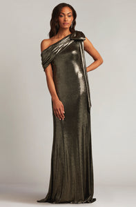 Valia Bow-Shoulder Lamé Gown