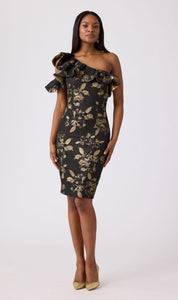 Metallic Jacquard One Shoulder Ruffle Dress