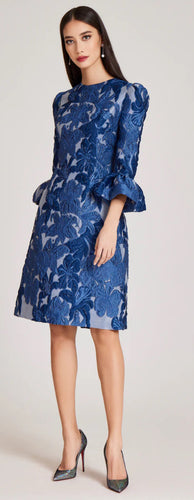 Jacquard Floral 3/4 Sleeve Flounce Cuff Dress