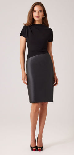 Cap Sleeve Crepe Dress with Vegan Leather Skirt