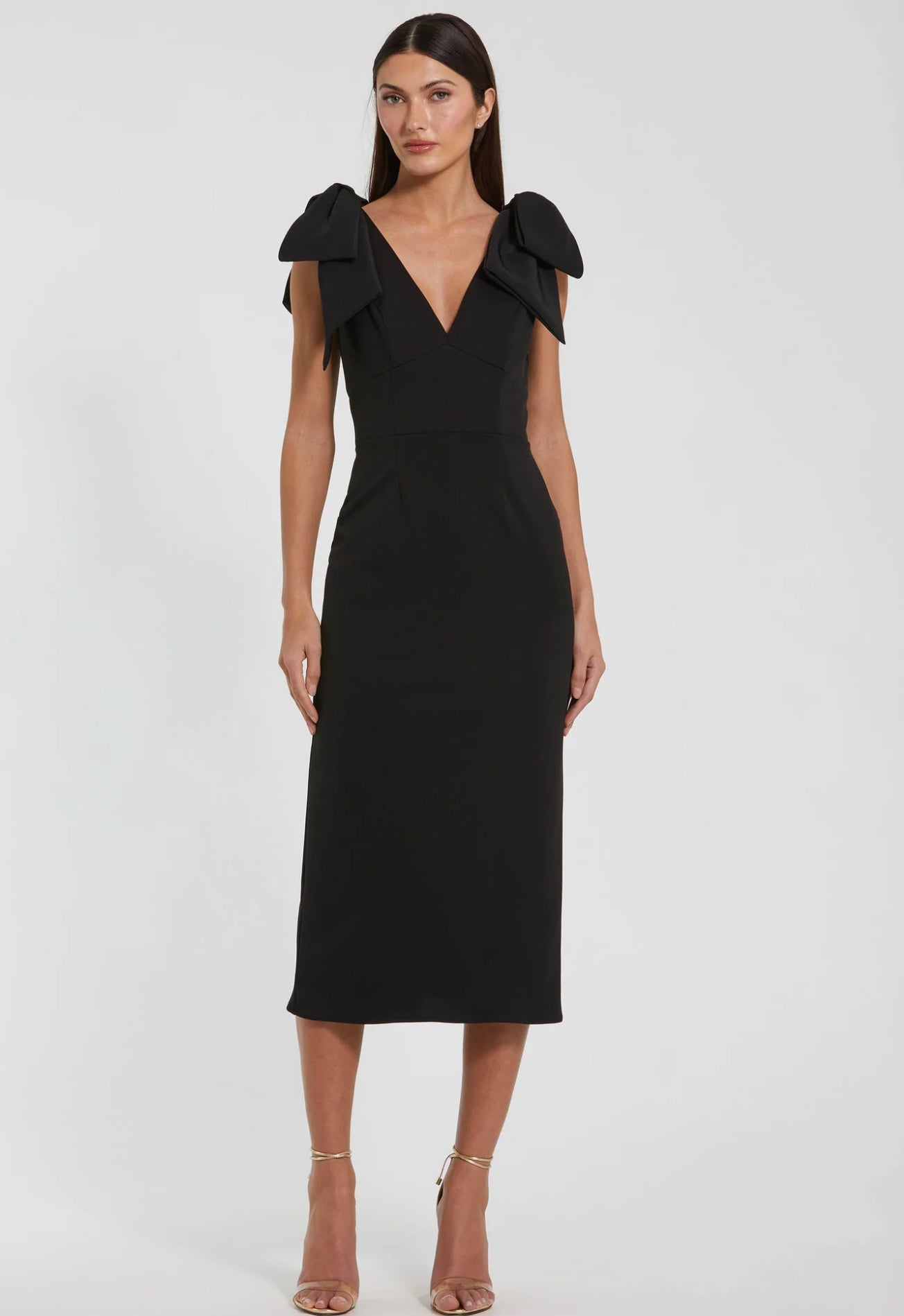 Bow Strap Crepe Fitted Midi Dress