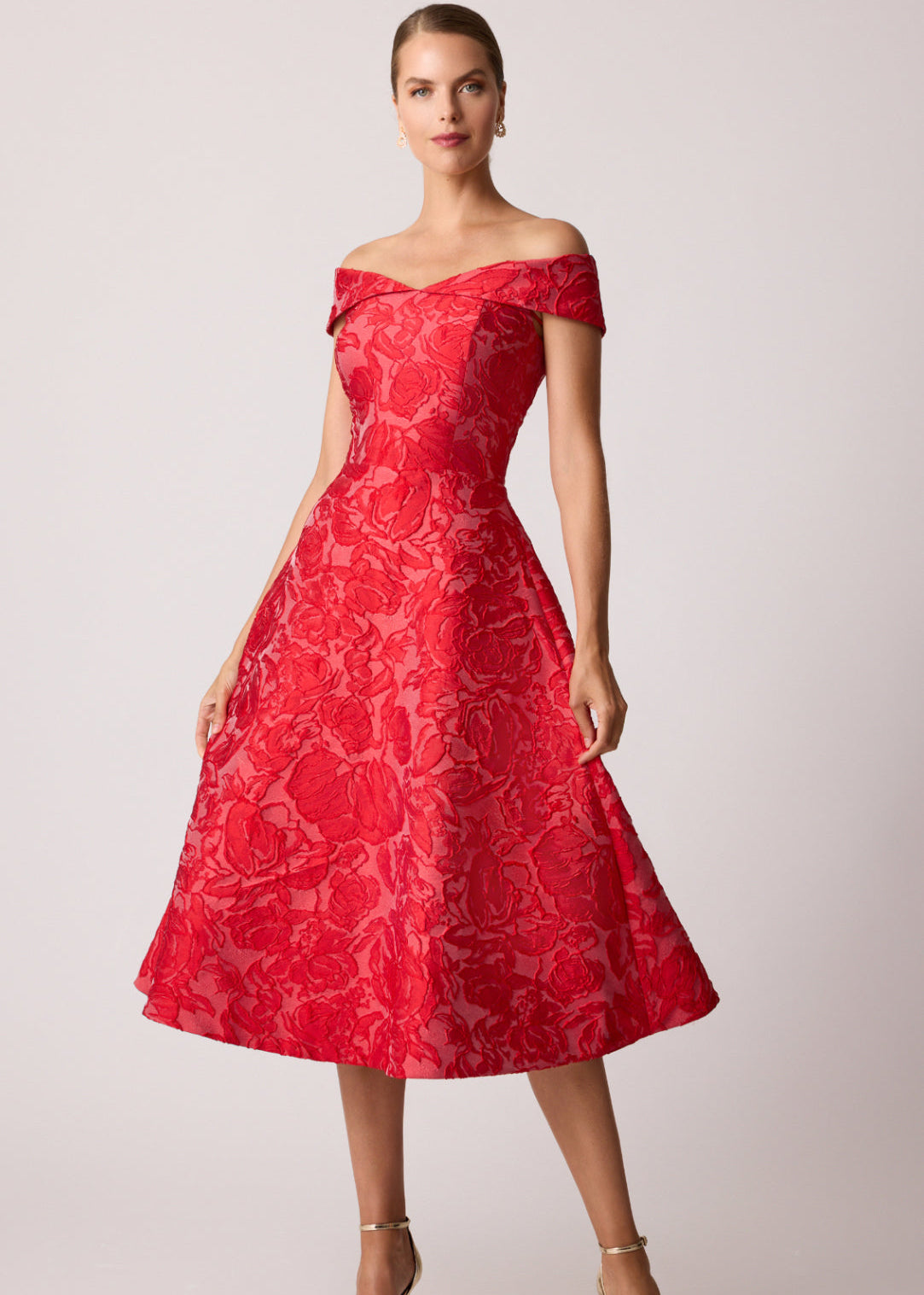 Jacquard Floral Off Shoulder Fit N Flare Dress
