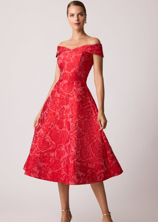 Jacquard Floral Off Shoulder Fit N Flare Dress
