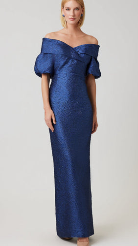 Metallic Jacquard Off Shoulder Puff Sleeve Gown