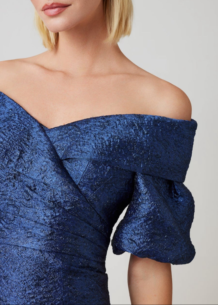Metallic Jacquard Off Shoulder Puff Sleeve Gown